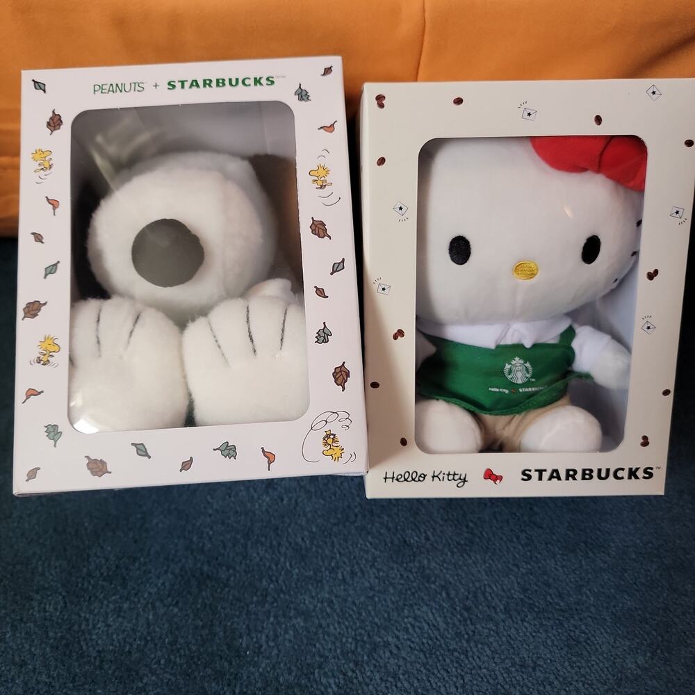 Peanuts x Starbucks Snoopy + Hello Kitty Plush Stuffed Animal Bundle NWB